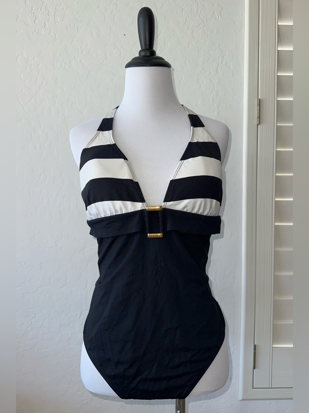 RALPH LAUREN SIZE14~HALTER V-NECK STRIPE SWIMSUIT BATHING SUIT CLASSIC DARK NAVY